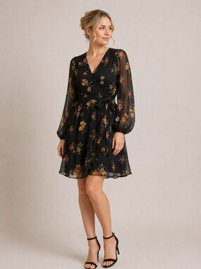 Womens Floral Chiffon Dress Black Sheer Sleeves Size M 8 10